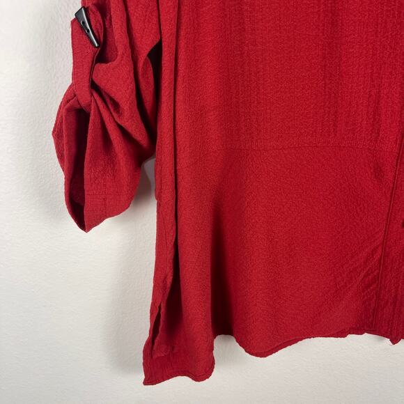 Ali Miles Red Black Toggle Button Closure Roll Tab Sleeve Blouse Women's 1X - Picture 7 of 9